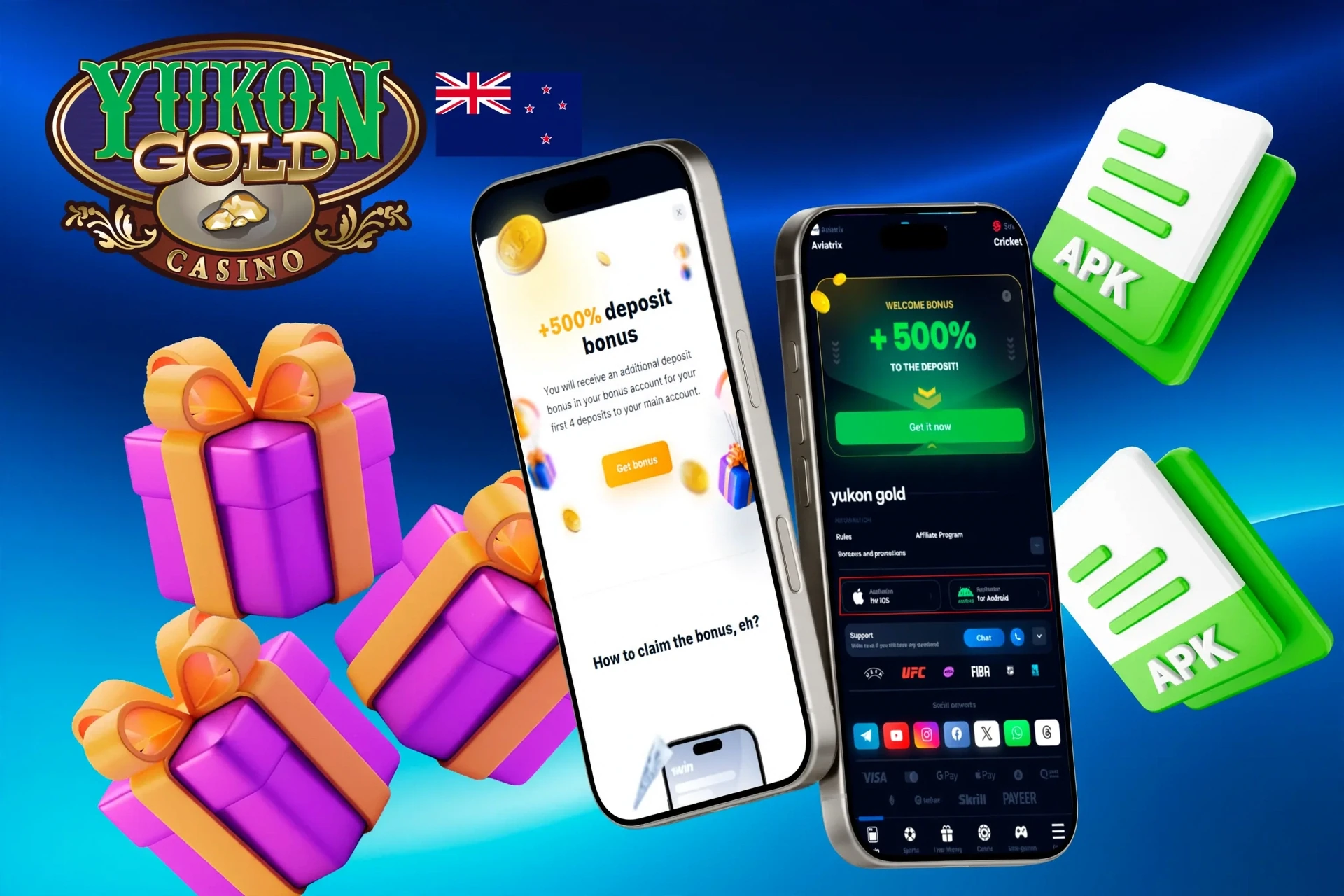 1Win mobile app promotion with 500% deposit bonus and gift box illustration