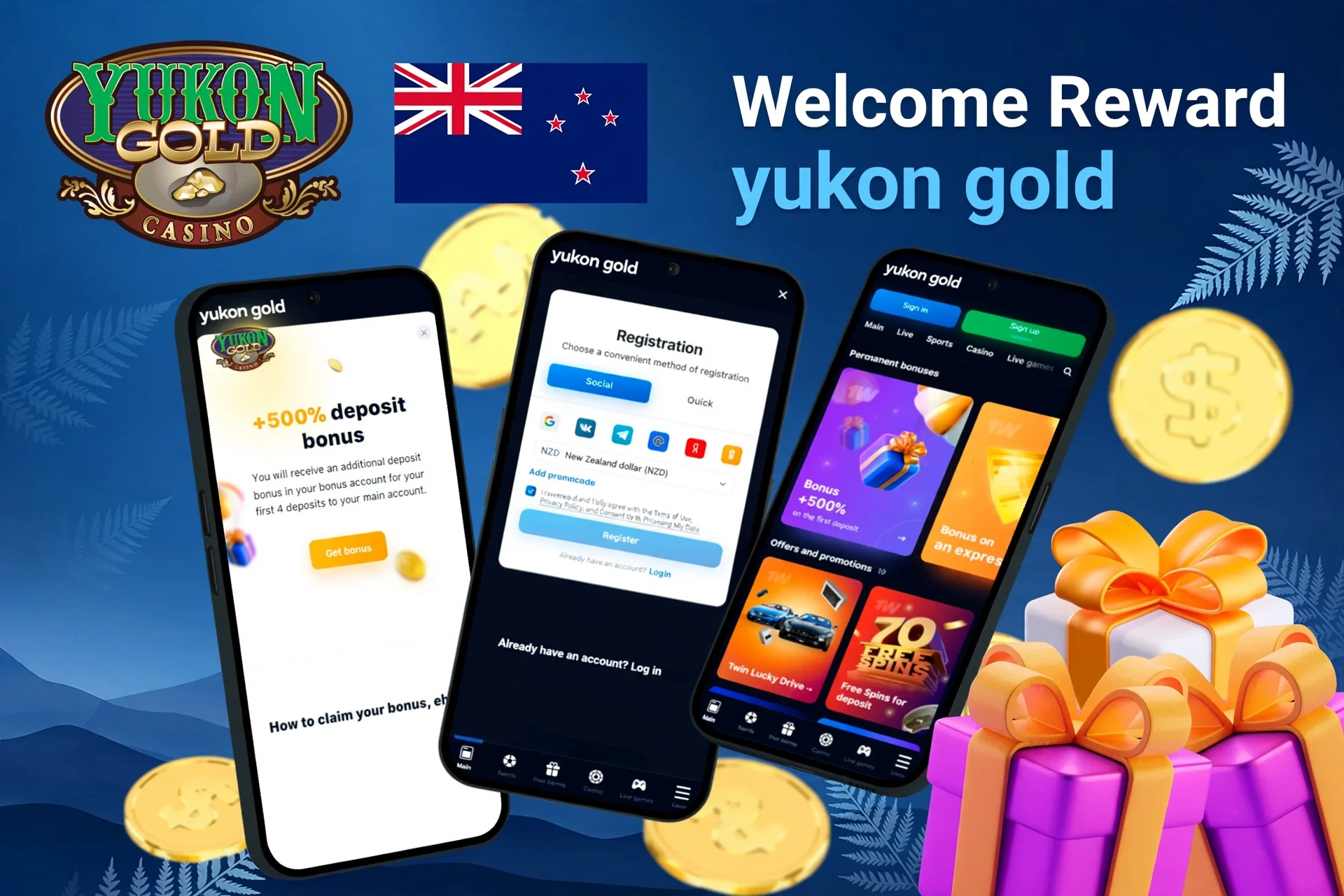 Mobile screens displaying Yukon Gold Casino registration and bonus offers: 150 chances on Mega Money Wheel with NZ$10 and 100% match up to NZ$150