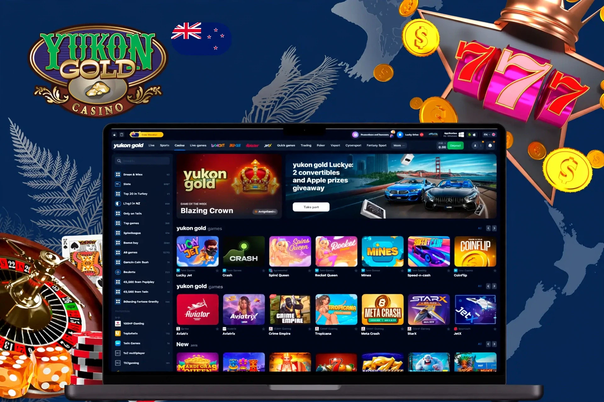 Casino homepage with various slot and crash games, including Lucky Jet and Blazing Crown