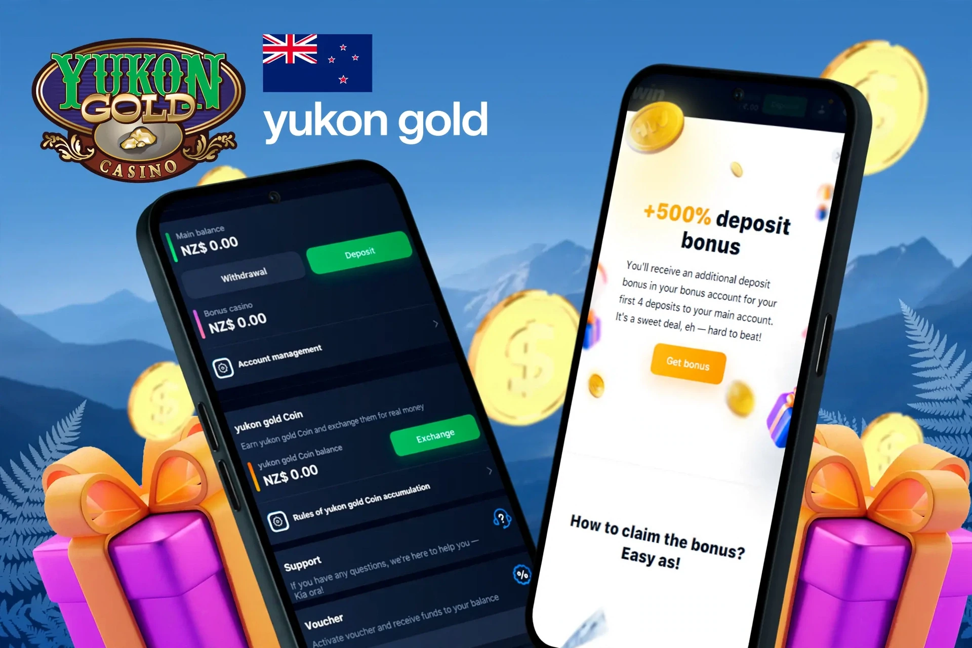 deposit and withdrawal screen showing wallet balance, account management options, and a 500% deposit bonus offer