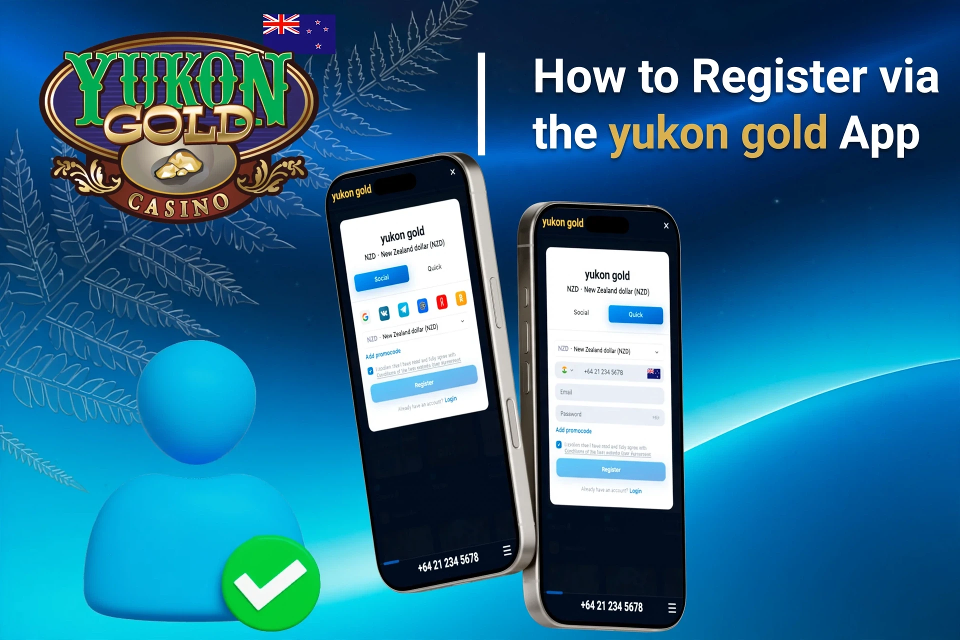 Registration process on the Yukon Gold mobile app with social login options