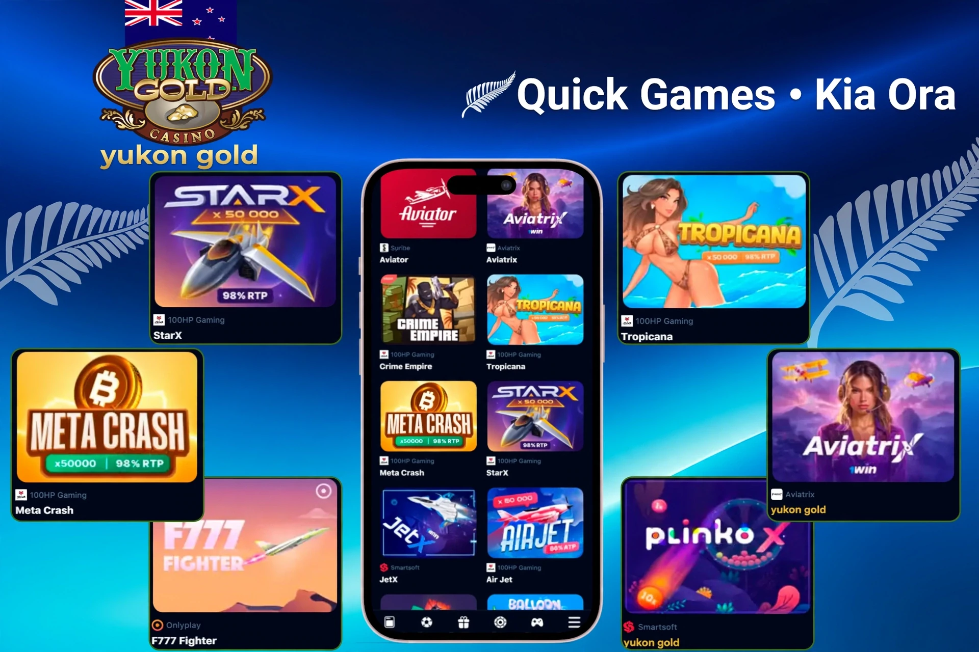 quick games section with titles like StarX, Tropicana, Meta Crash, and PlinkoX highlighted on mobile app