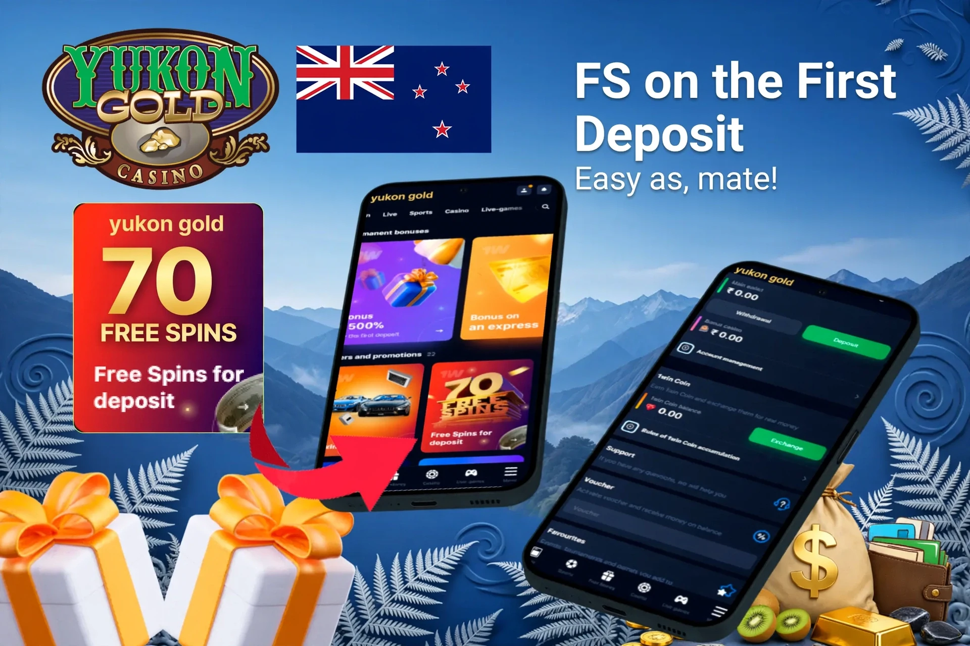 Mobile app showing casino game offers like loyalty program and free spins with poker chips and cards