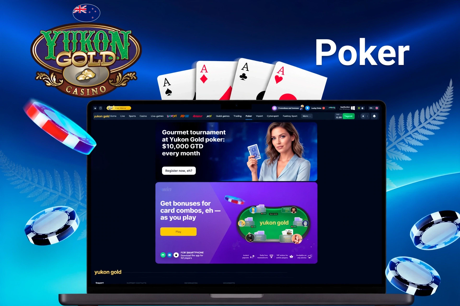 Yukon Gold Casino poker promotion featuring a gourmet tournament with NZ$10,000 guaranteed prize and bonuses for card combos