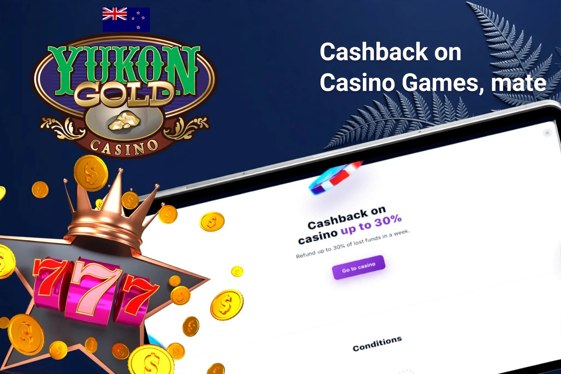 Mobile app with Yukon Gold poker rakeback offer up to 50%, red dice, and playing cards