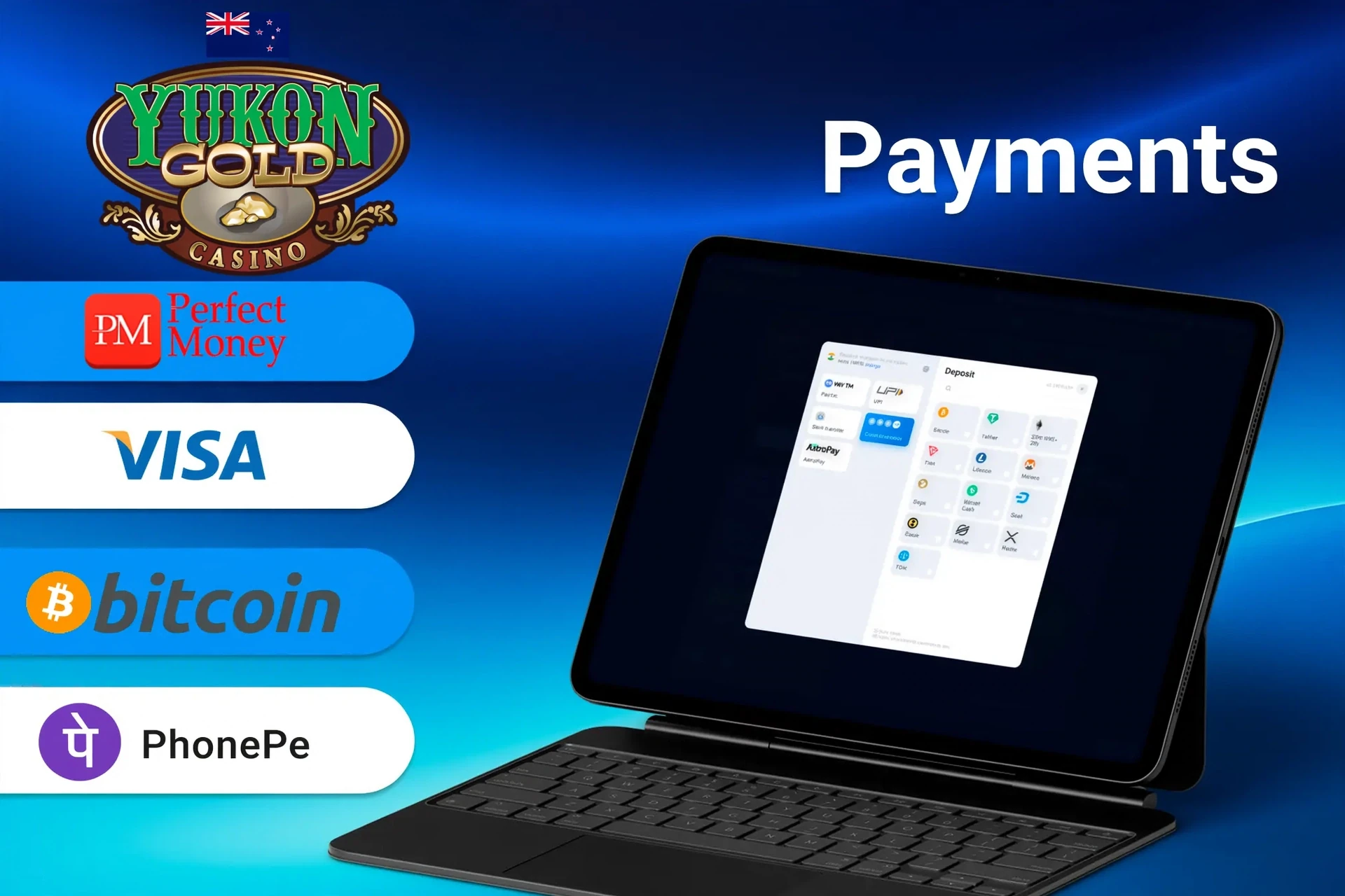 Yukon Gold Casino payment methods including Perfect Money, Visa, Bitcoin, and POLi for quick and secure transactions