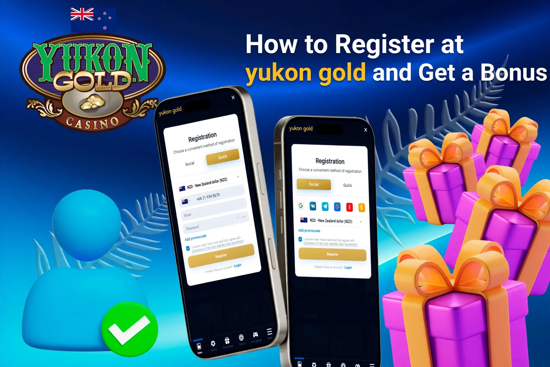 Mobile registration page for Yukon Gold showing bonus offers with purple and gold gift boxes