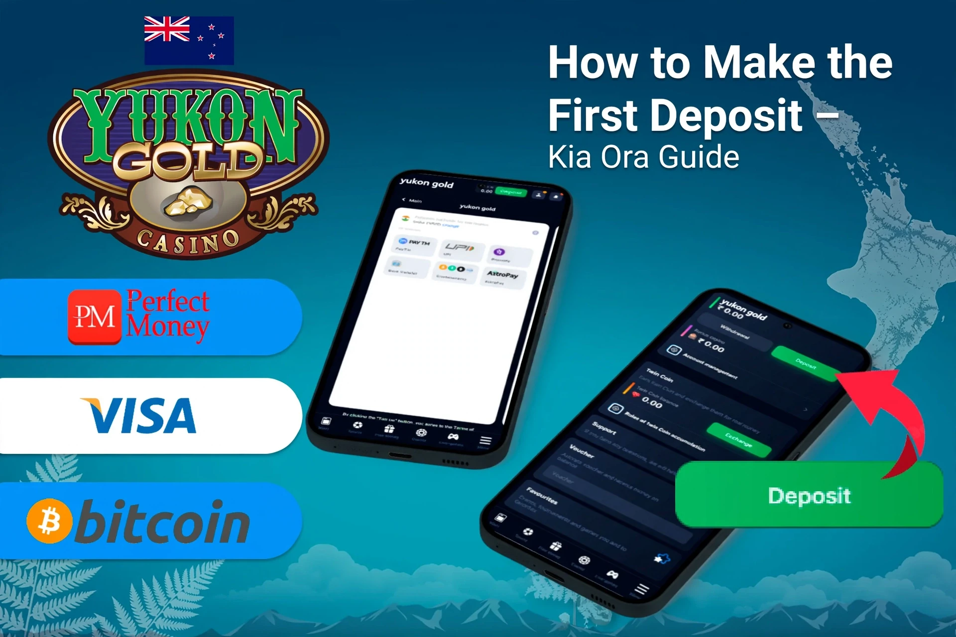 mobile app with deposit options including Perfect Money, Visa, and Bitcoin, along with deposit button