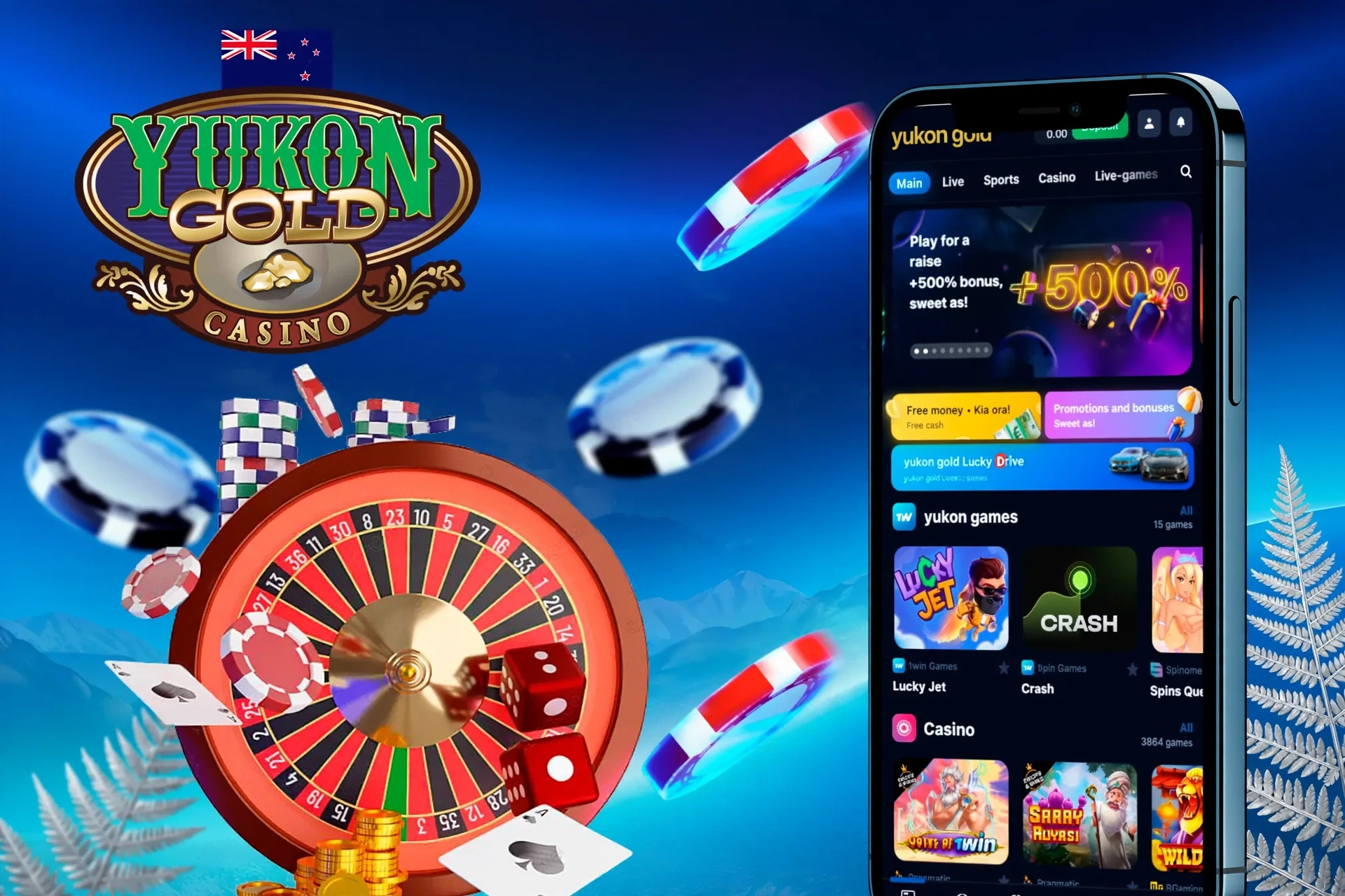 Mobile version of the Yukon Gold Casino app displayed on smartphones, offering quick access to various betting and gaming features