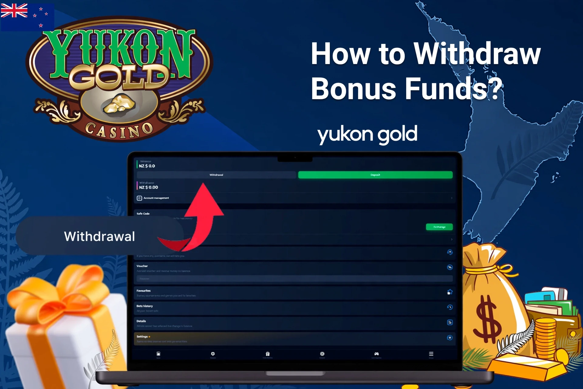 Laptop screen showing Yukon Gold Casino withdrawal options with money bags and gift boxes in the background