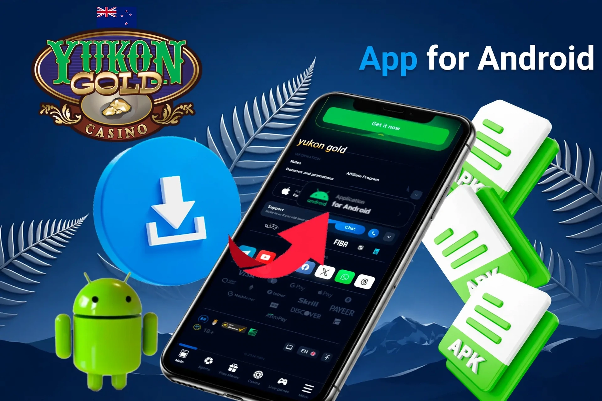 App for Android download process with APK file icons and Android mascot