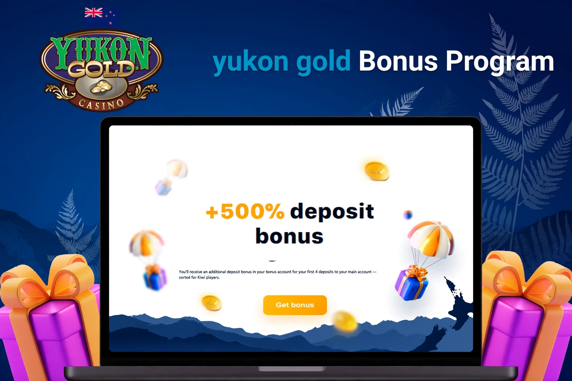 Laptop showing Yukon Gold Casino bonus offers including Mega Money Wheel and deposit match with floating coins and gifts