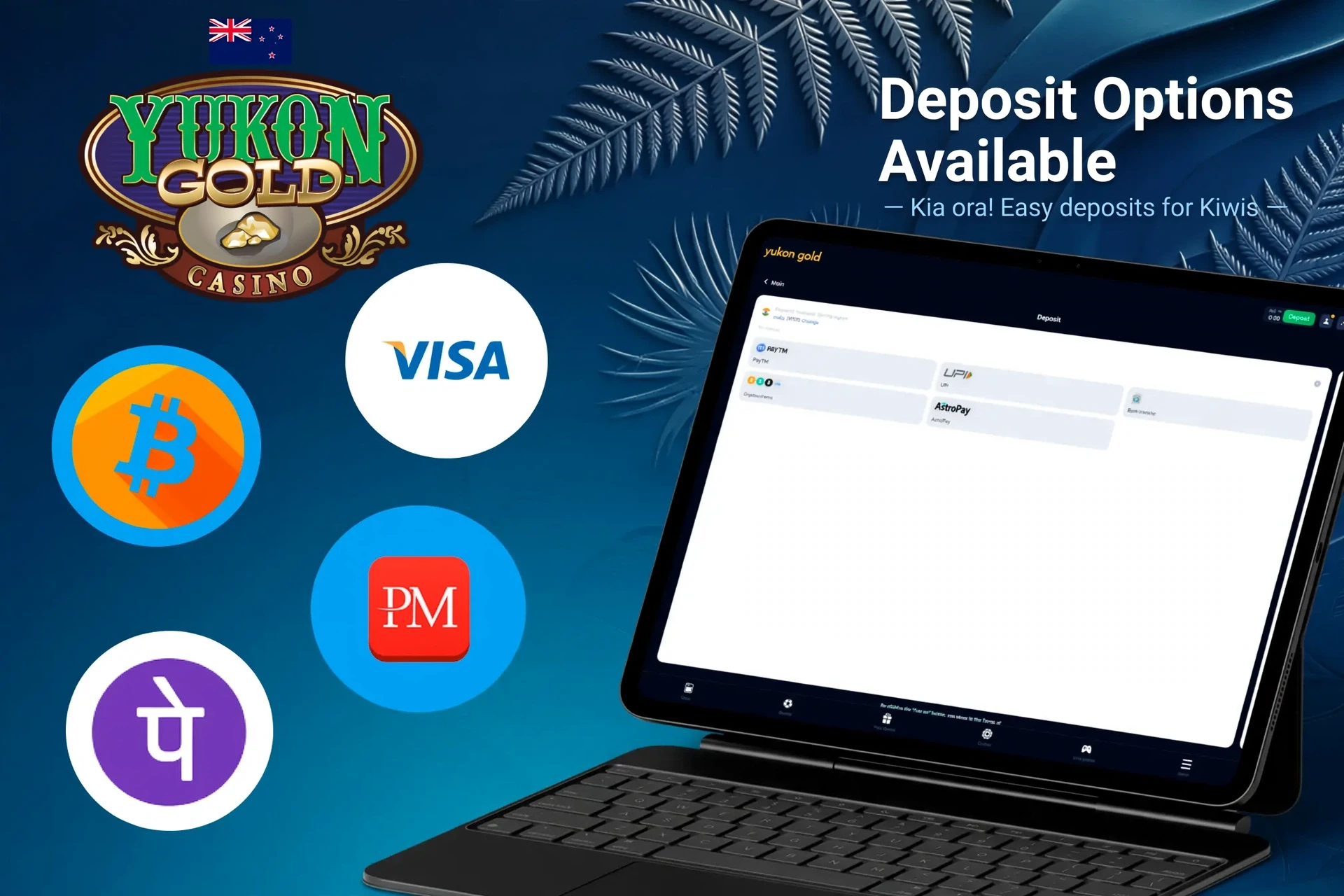Deposit options available on Yukon Gold platform, including Bitcoin, Visa, POLi, and Neosurf, displayed on a tablet