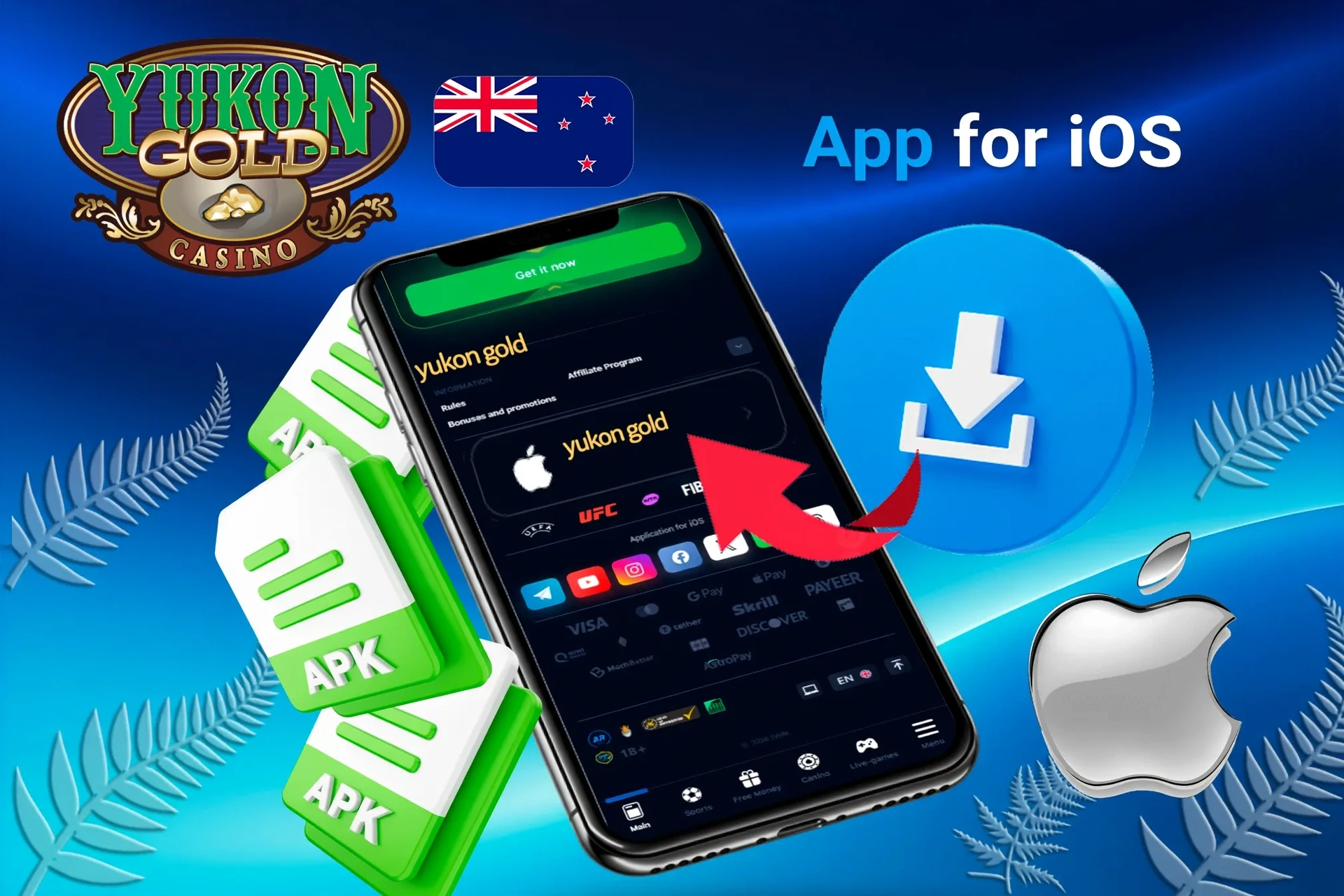 iOS app download screen with APK file icons and Apple logo