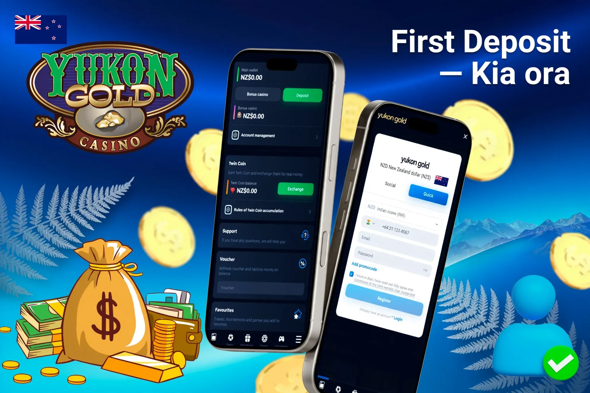 mobile interface showing steps to make the first deposit at Yukon Gold Casino, with icons for payment options and bonus registration