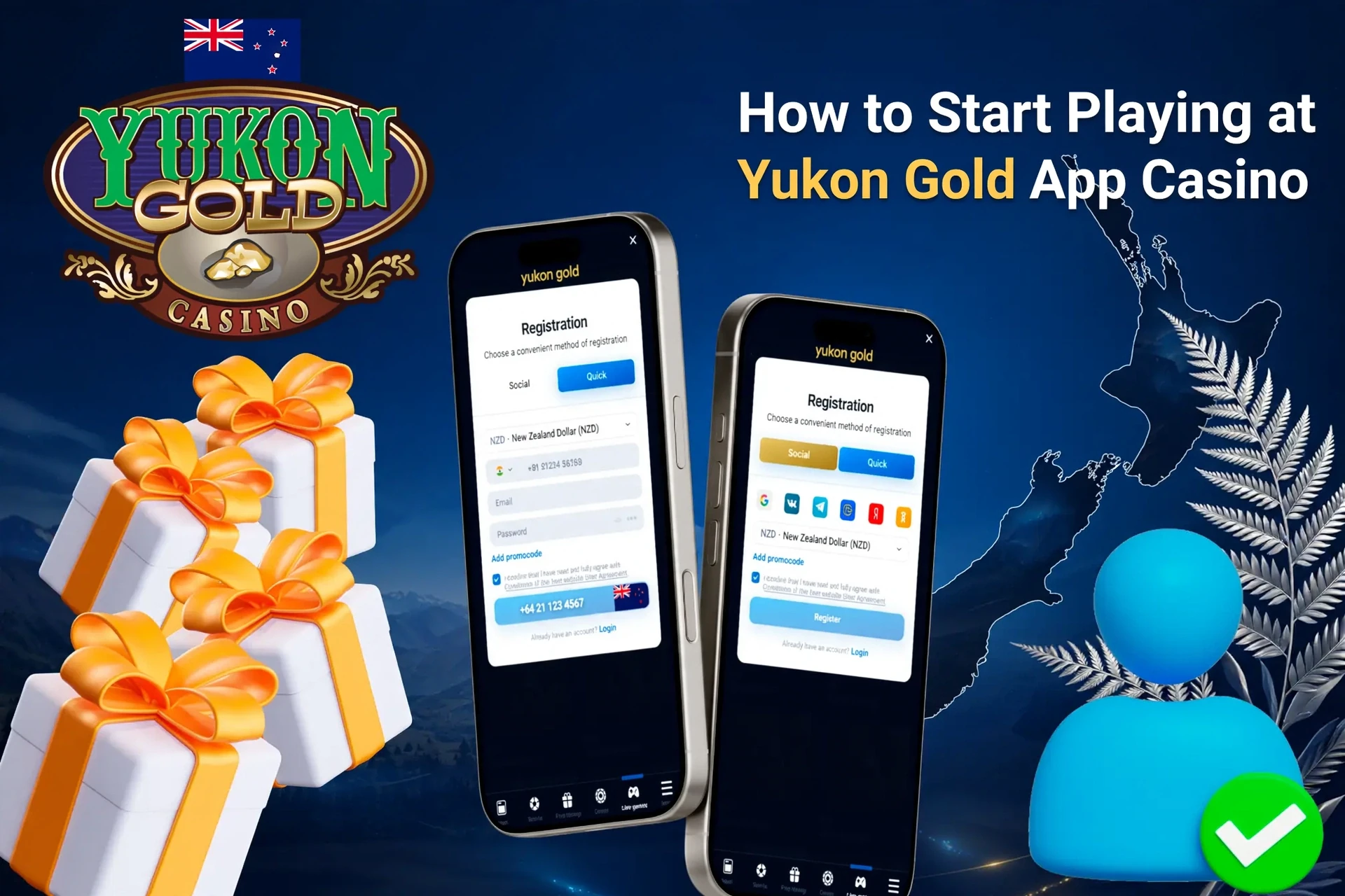 Yukon Gold registration screen on mobile with easy-to-follow steps and gift box icons