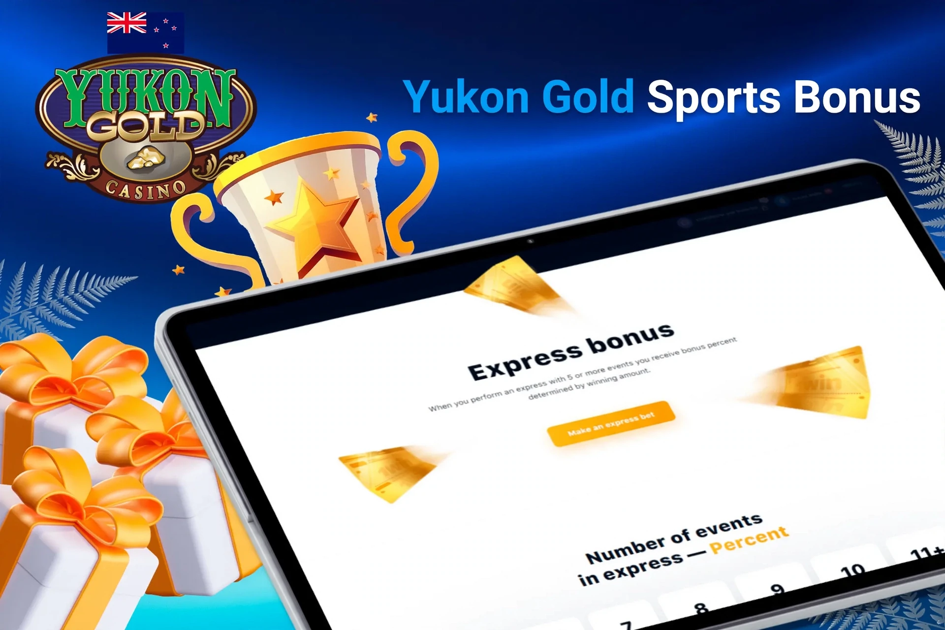 Tablet screen with express bonus offer for sports betting from Yukon Gold Casino, with trophy and gift boxes.