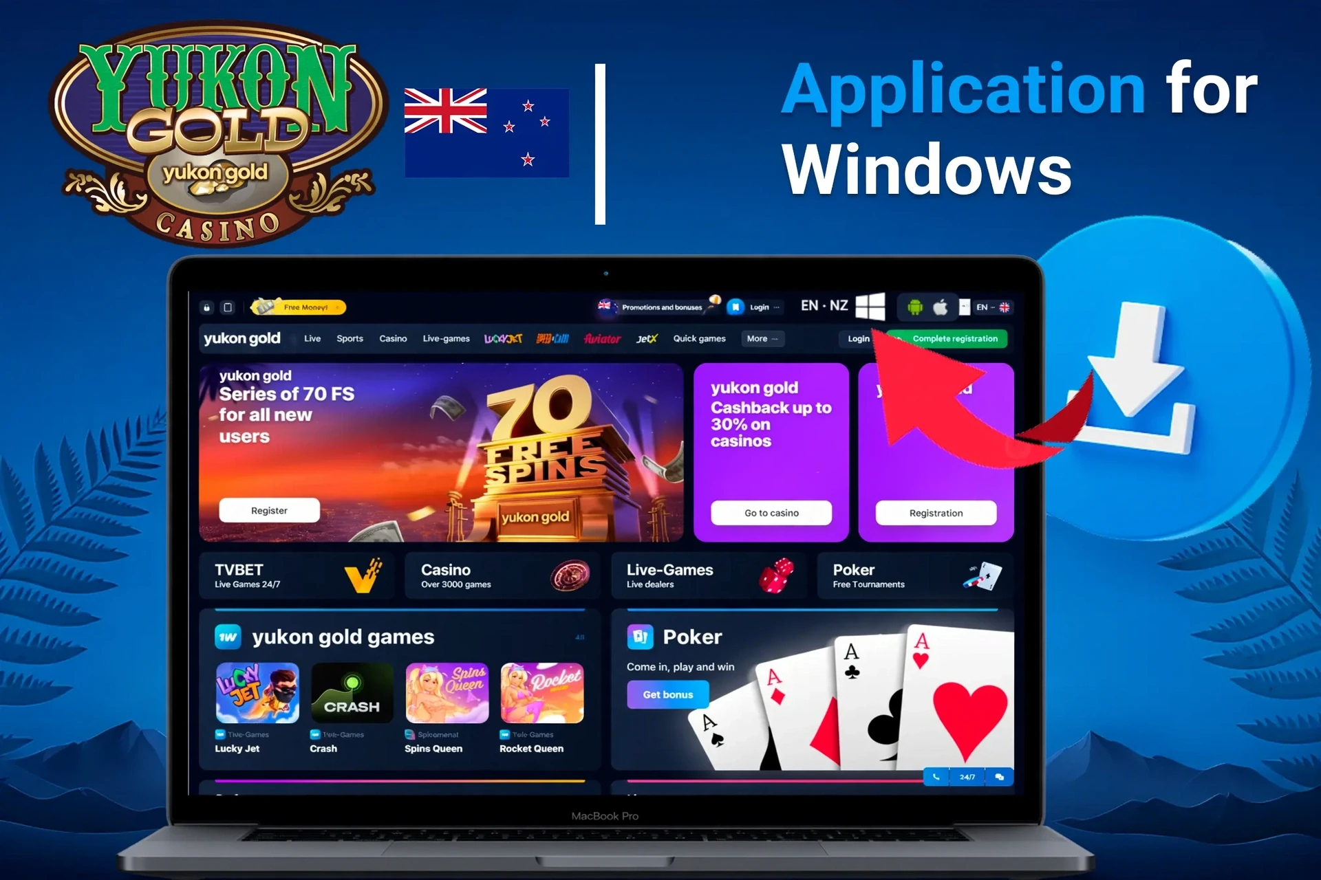 Application for Windows with download instructions and 70 free spins promotion