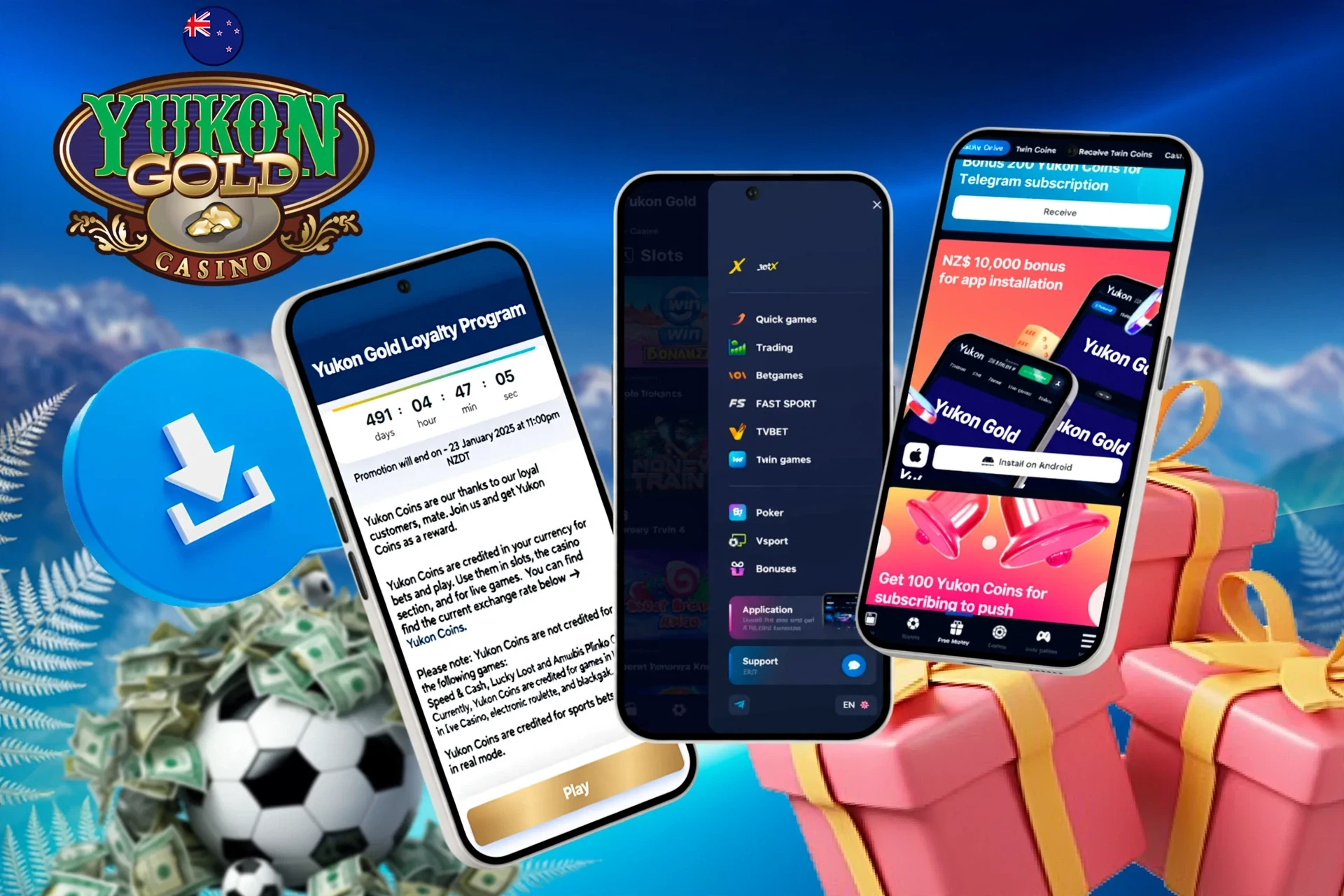 Mobile screens showing Yukon Gold Casino loyalty program, app installation bonus, and football icon with download button