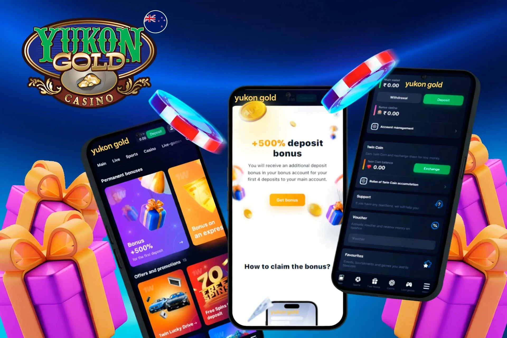 app showing instructions to claim a Yukon Gold welcome package on mobile with colorful gaming elements
