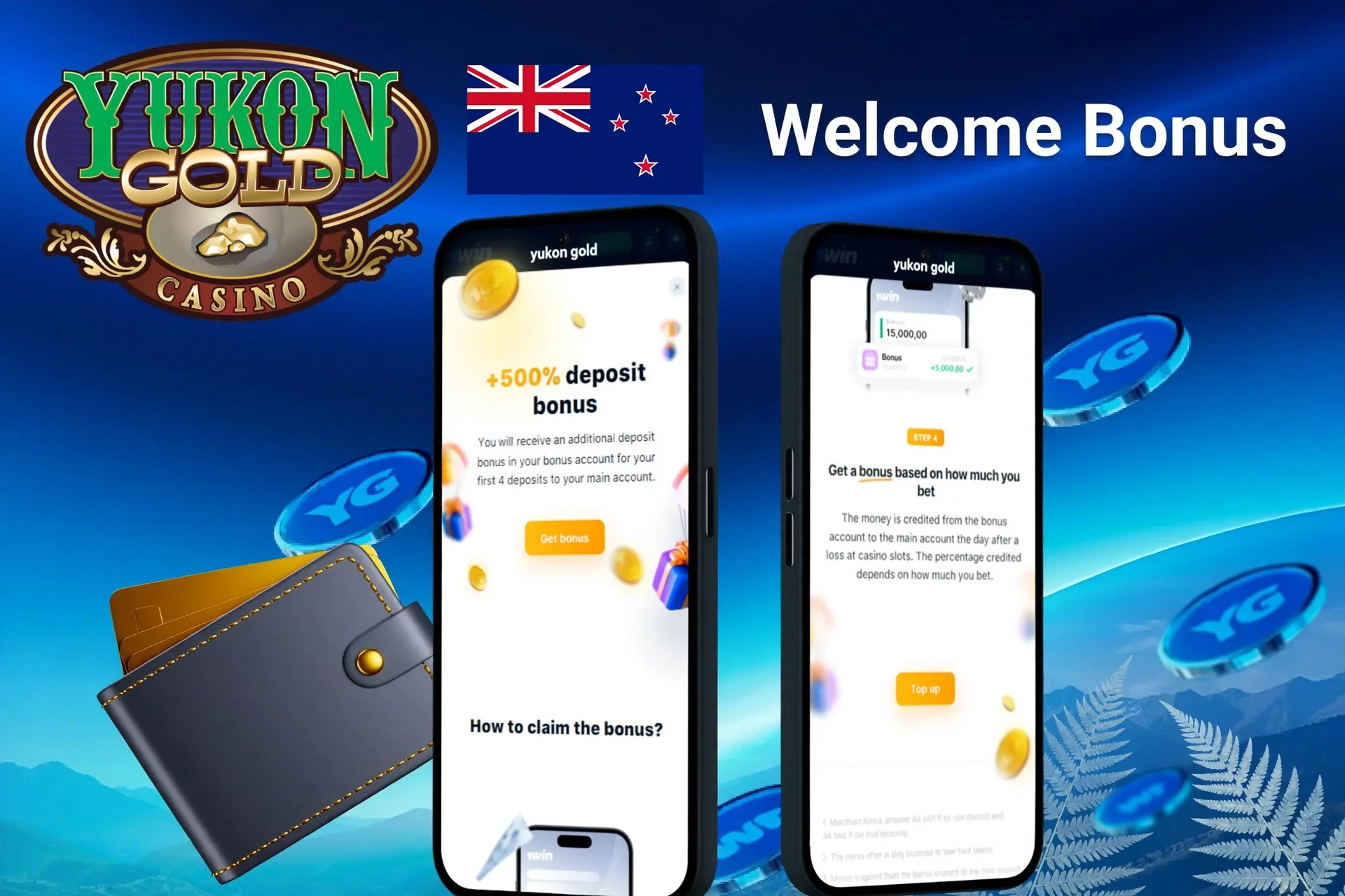 Yukon Gold welcome bonus screen showing 150 chances on Mega Money Wheel and a 100% second-deposit match up to NZ$150, displayed on two mobile screens