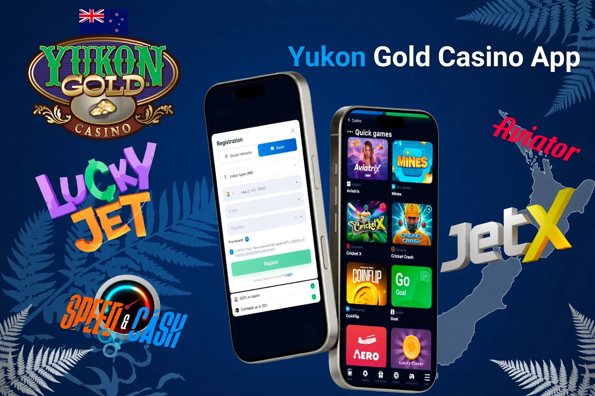 Yukon Gold Casino app registration screen with quick games like Aviatrix and JetX