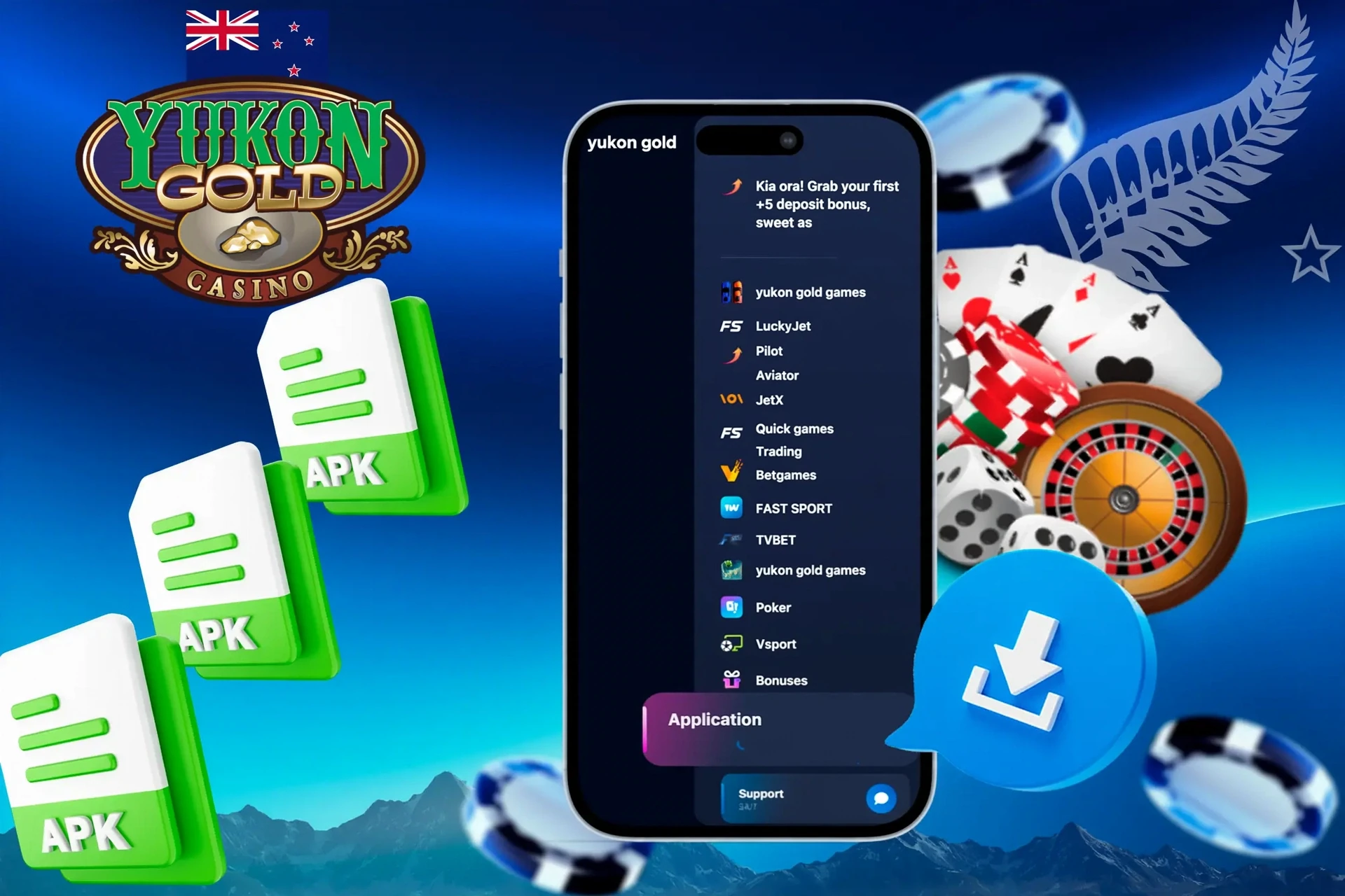 Yukon Gold mobile experience with browser access and casino chips illustrating mobile play