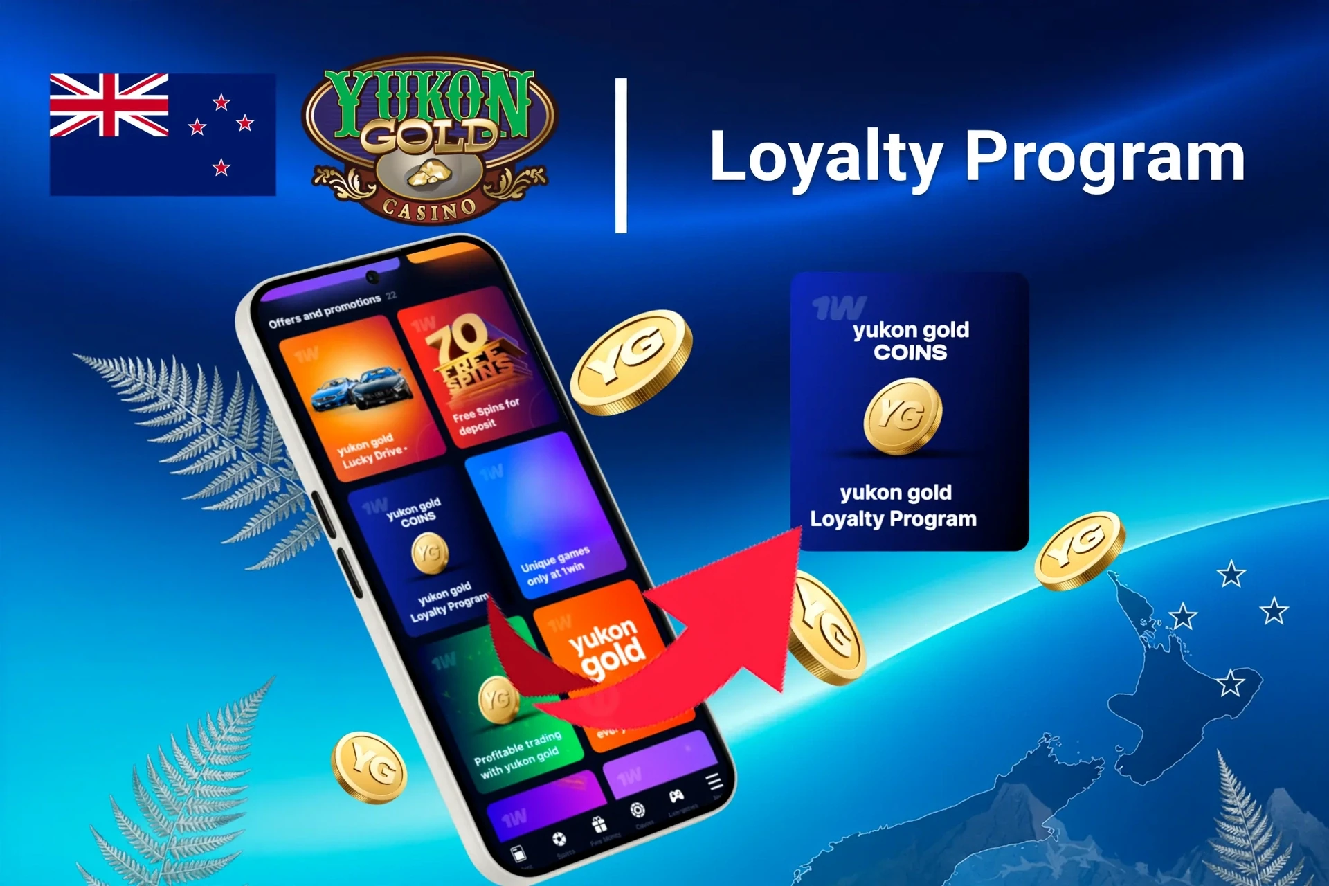 Mobile app showing Yukon Gold Casino loyalty program and offers like free spins and Lucky Drive.