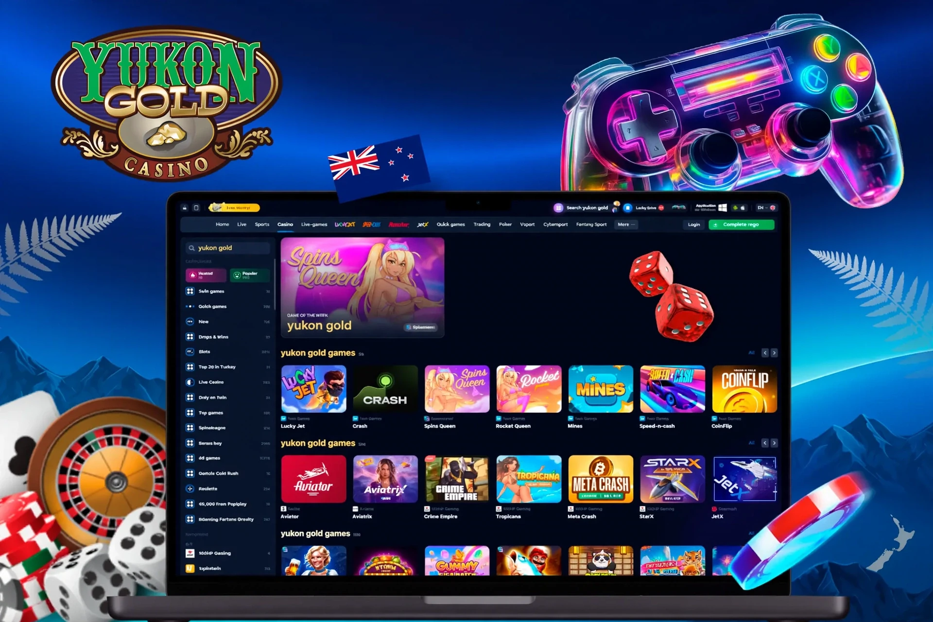 app interface showing a variety of casino games with a vibrant game controller icon for Yukon Gold