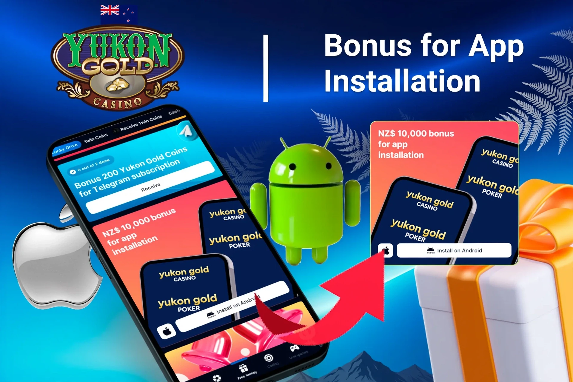 Yukon Gold Casino bonus offer for app installation on mobile with Android and Apple logos, and gift boxes