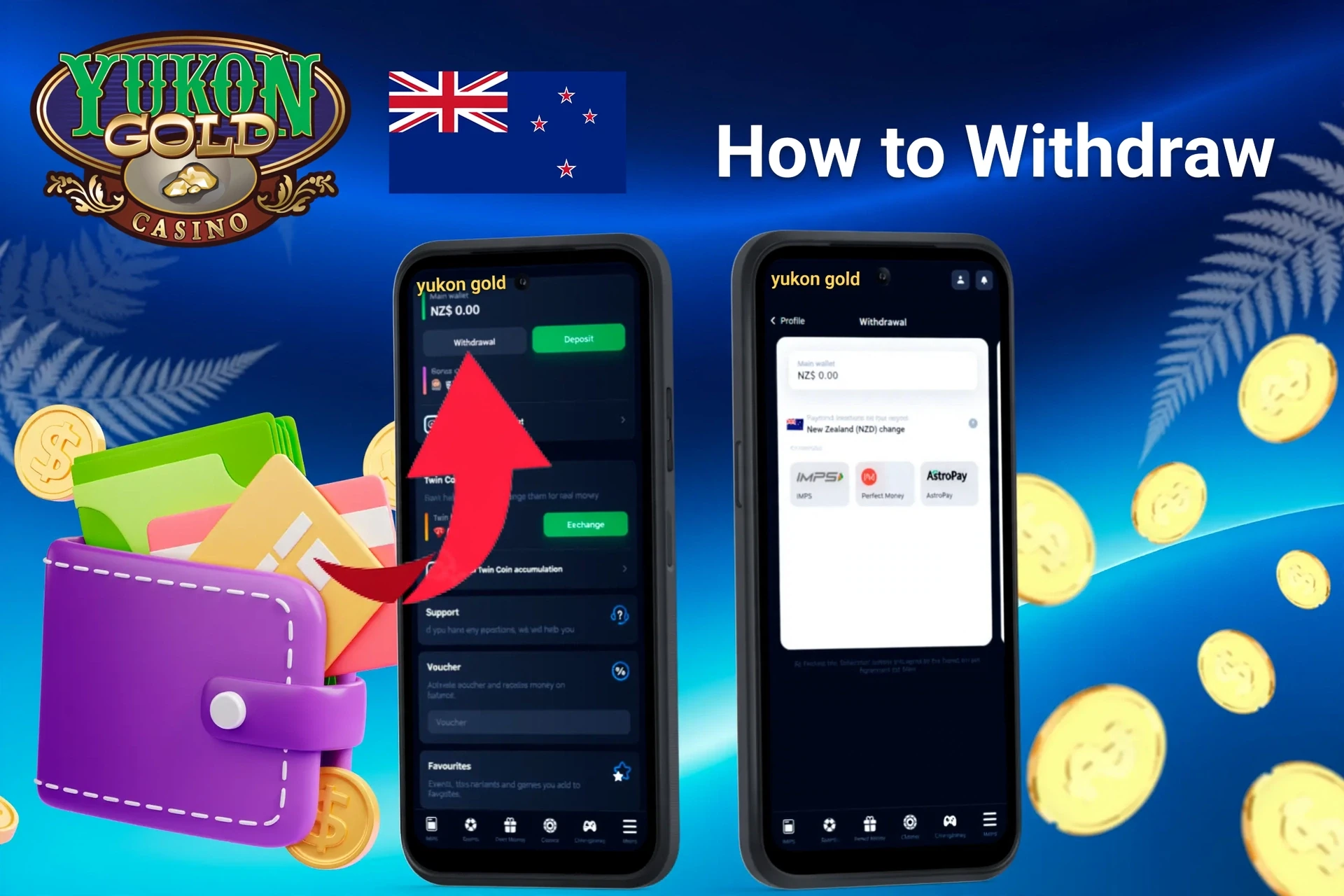 mobile interface showing withdrawal process with an arrow pointing to withdrawal options and available wallet balance