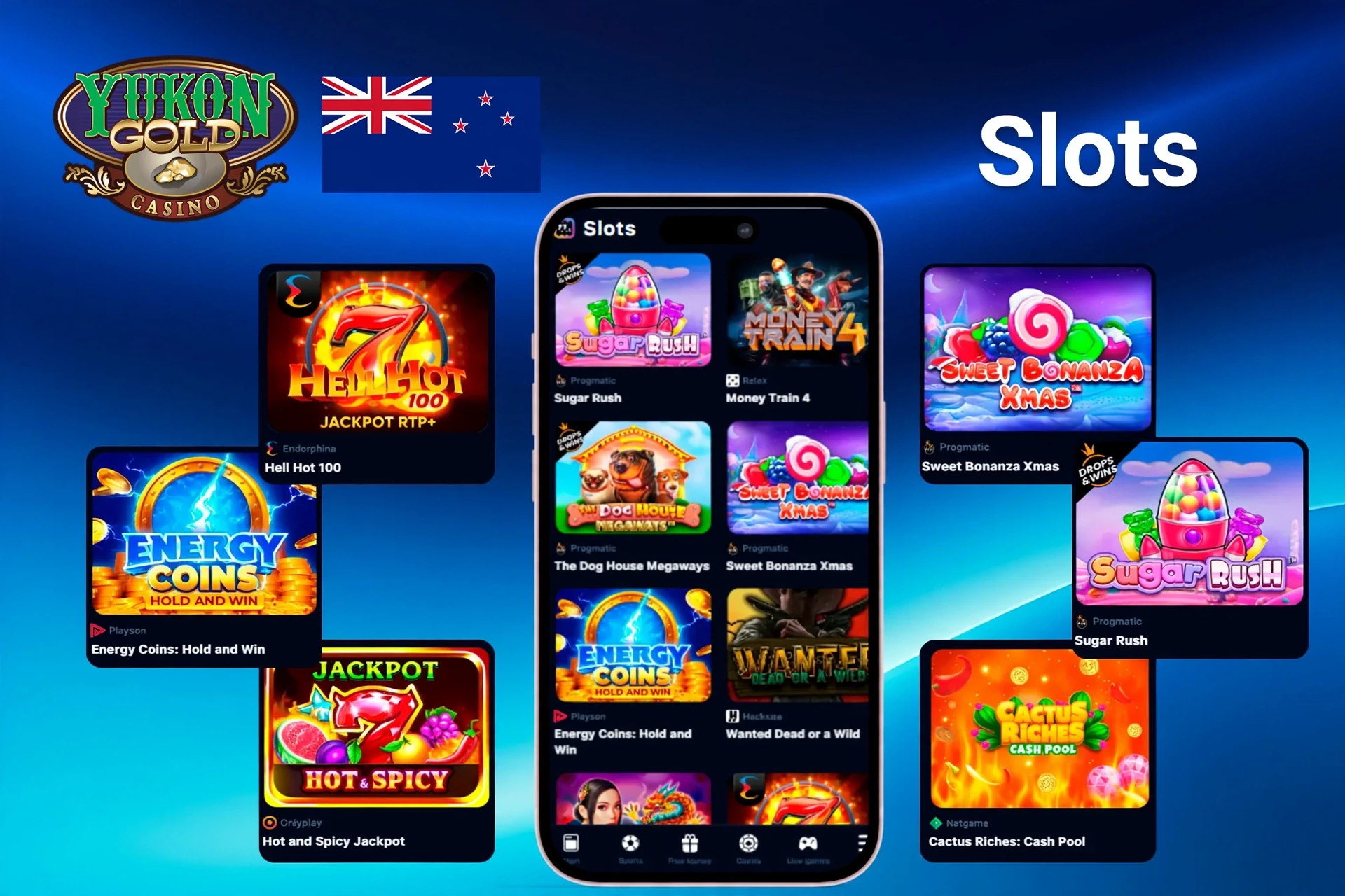 Slots games featuring popular titles like Sugar Rush, Energy Coins, and Hell Hot 100 on mobile and desktop