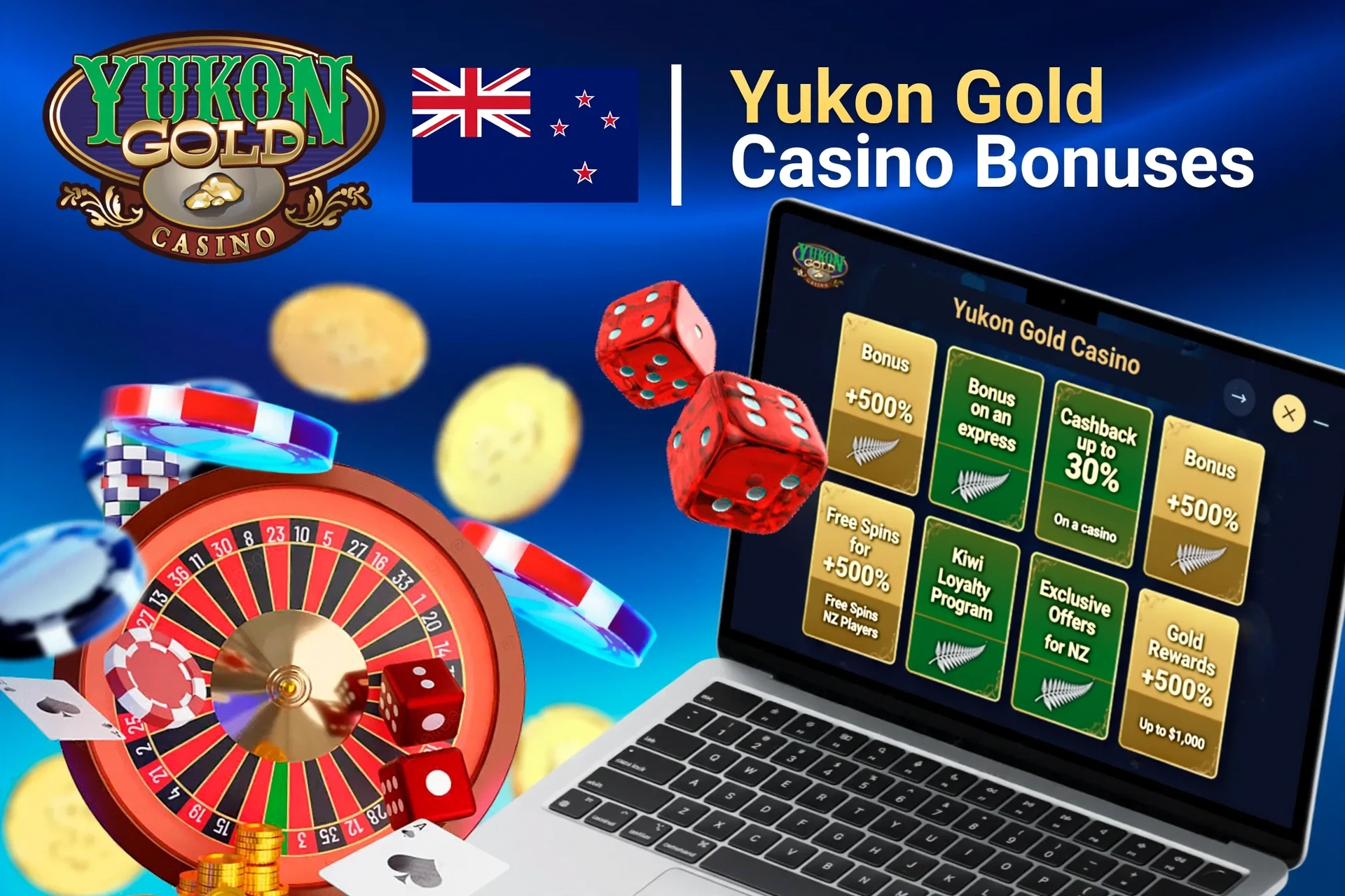 Laptop screen showing various Yukon Gold Casino bonuses with roulette, dice, and poker chips