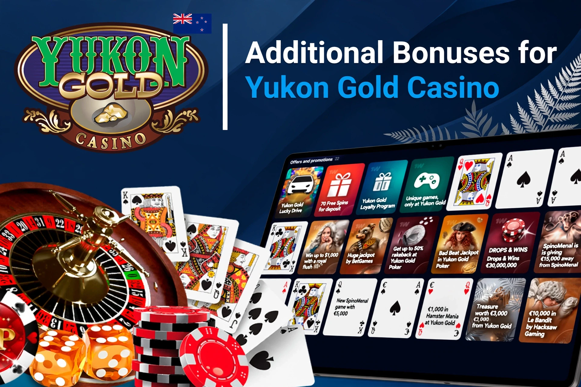 Mobile app showing casino game offers like loyalty program and free spins with poker chips and cards
